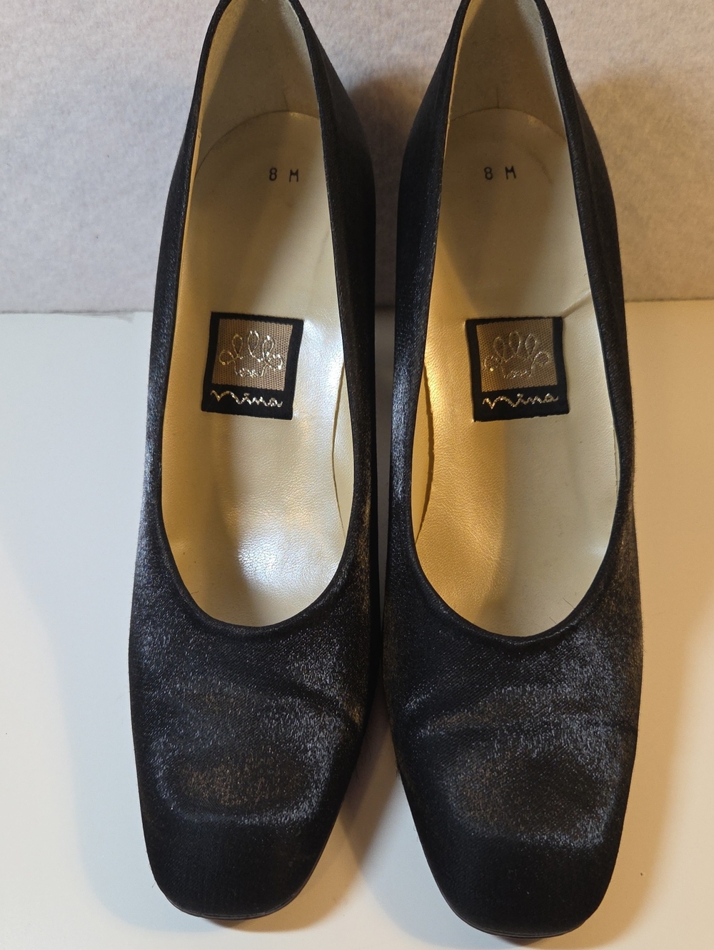 Nina Black Satin Square-Toe Heels